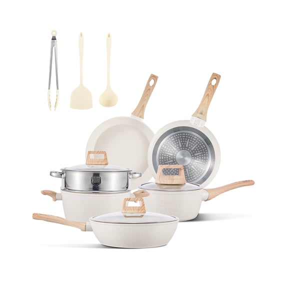 Fenbeli 12 Pcs Pots and Pans Set Nonstick,Ceramic Cookware Set with Pots Protectors and Cooking Utensils,Cream White