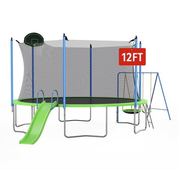 Biotree 12FT Trampoline with Slide and Swings, Large Recreational Trampoline with Basketball Hoop and Ladder,Outdoor Backyard Trampoline with Net for Kids and Adults
