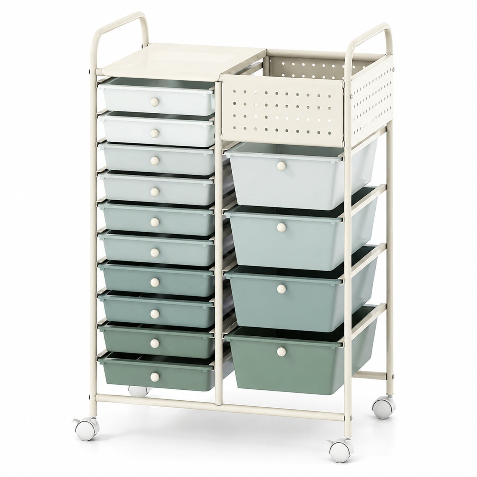 Furnibear 14 Drawer Rolling Storage Cart with Metal Tabletop Pegboard and Locking Wheels for Kitchen Office and Classroom Organizing, Gradient Green