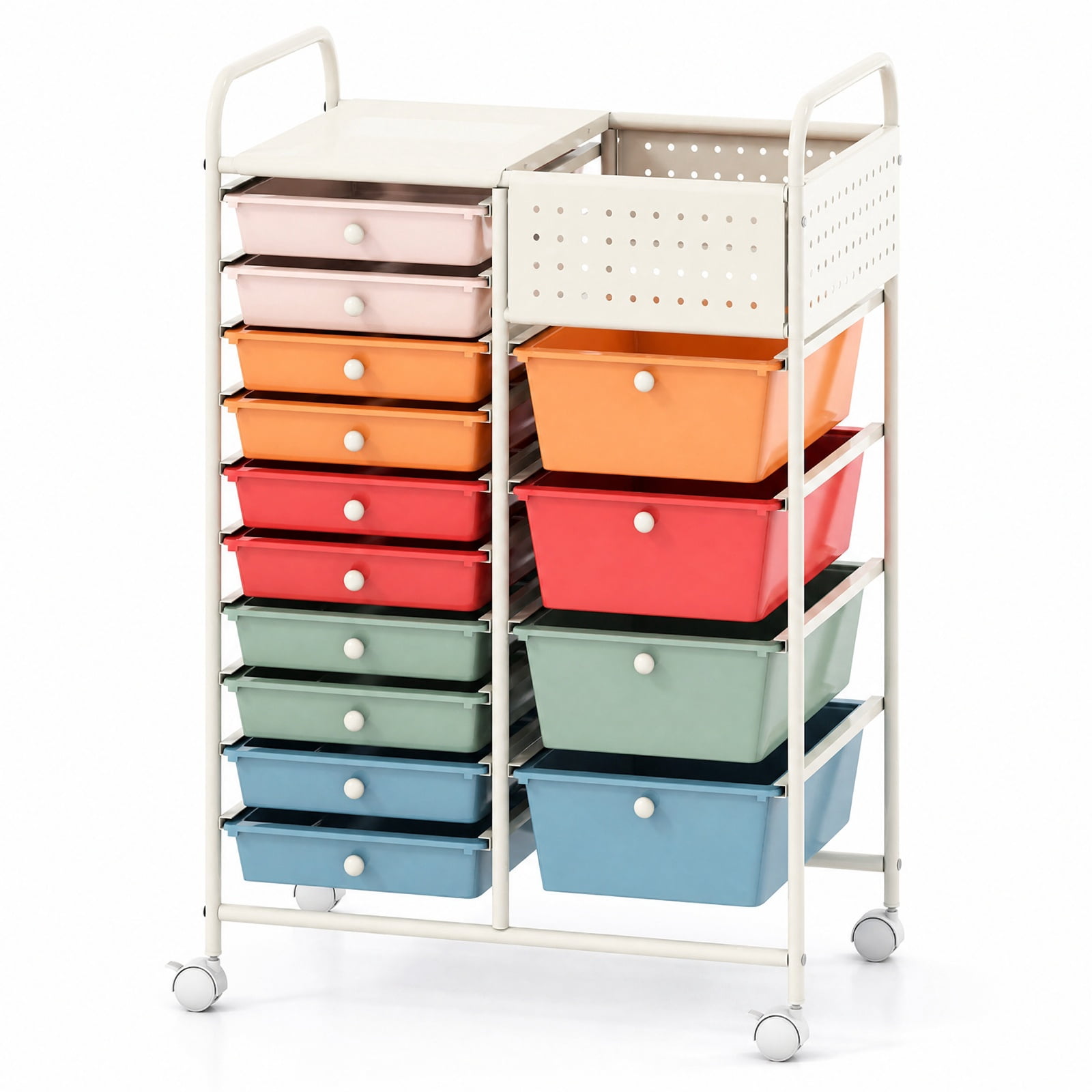 Furnibear 14 Drawer Rolling Storage Cart with Metal Tabletop Pegboard and Locking Wheels for Kitchen Office and Classroom Organizing, Macaron
