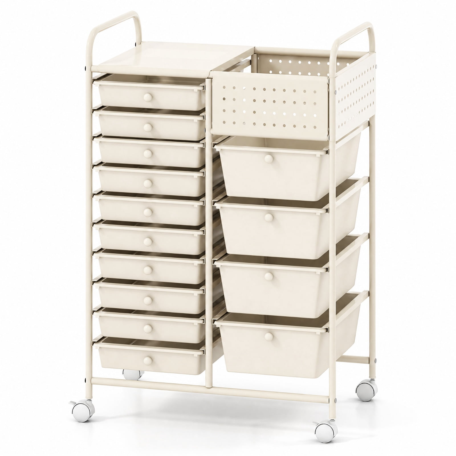Furnibear 14 Drawer Rolling Storage Cart with Metal Tabletop Pegboard and Locking Wheels for Kitchen Office and Classroom Organizing, White