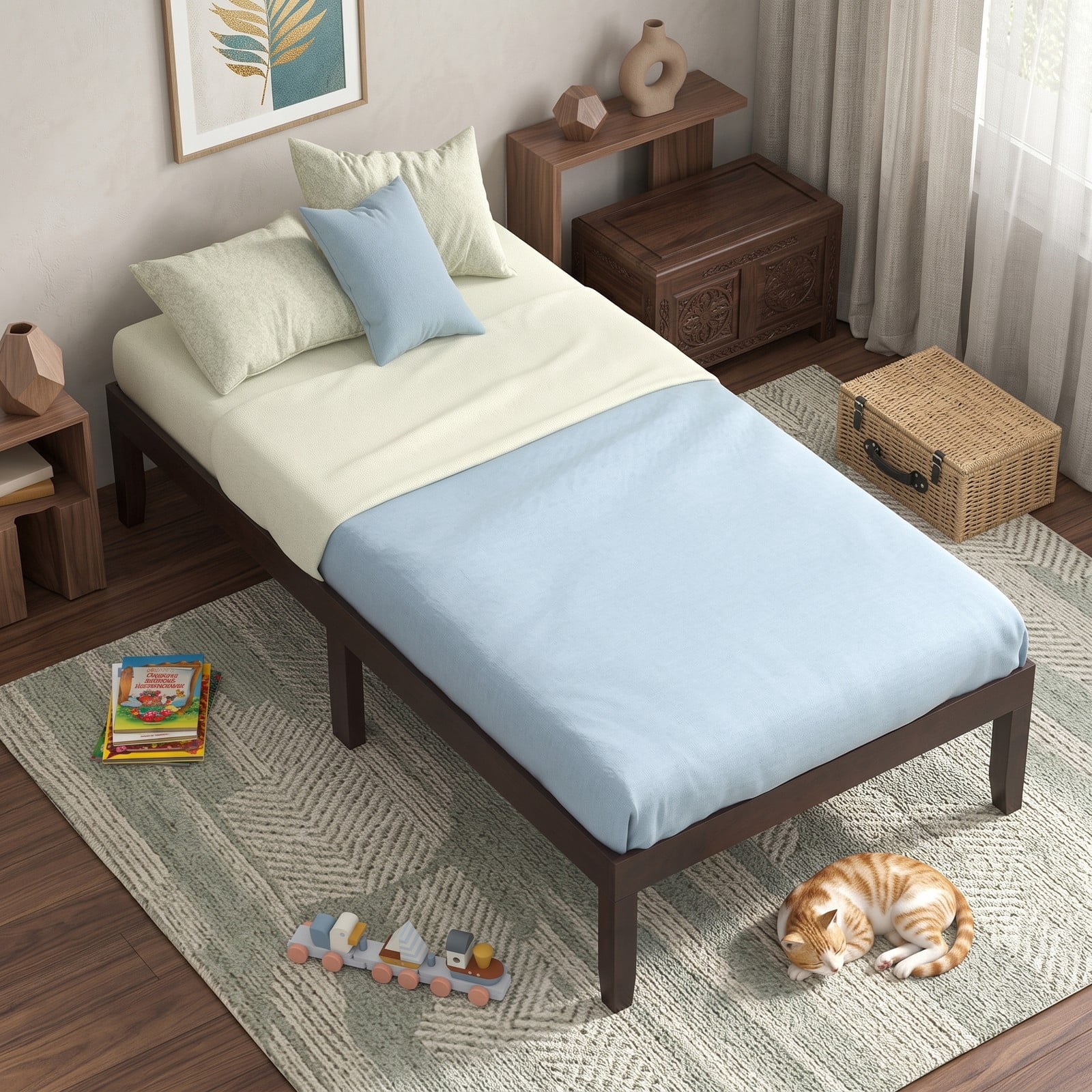 Furnibear Twin Bed Frame with Storage, 14 Inch Wood Platform Bed Frame with Slat Support and Under Bed Storage, No Box Spring, Espresso
