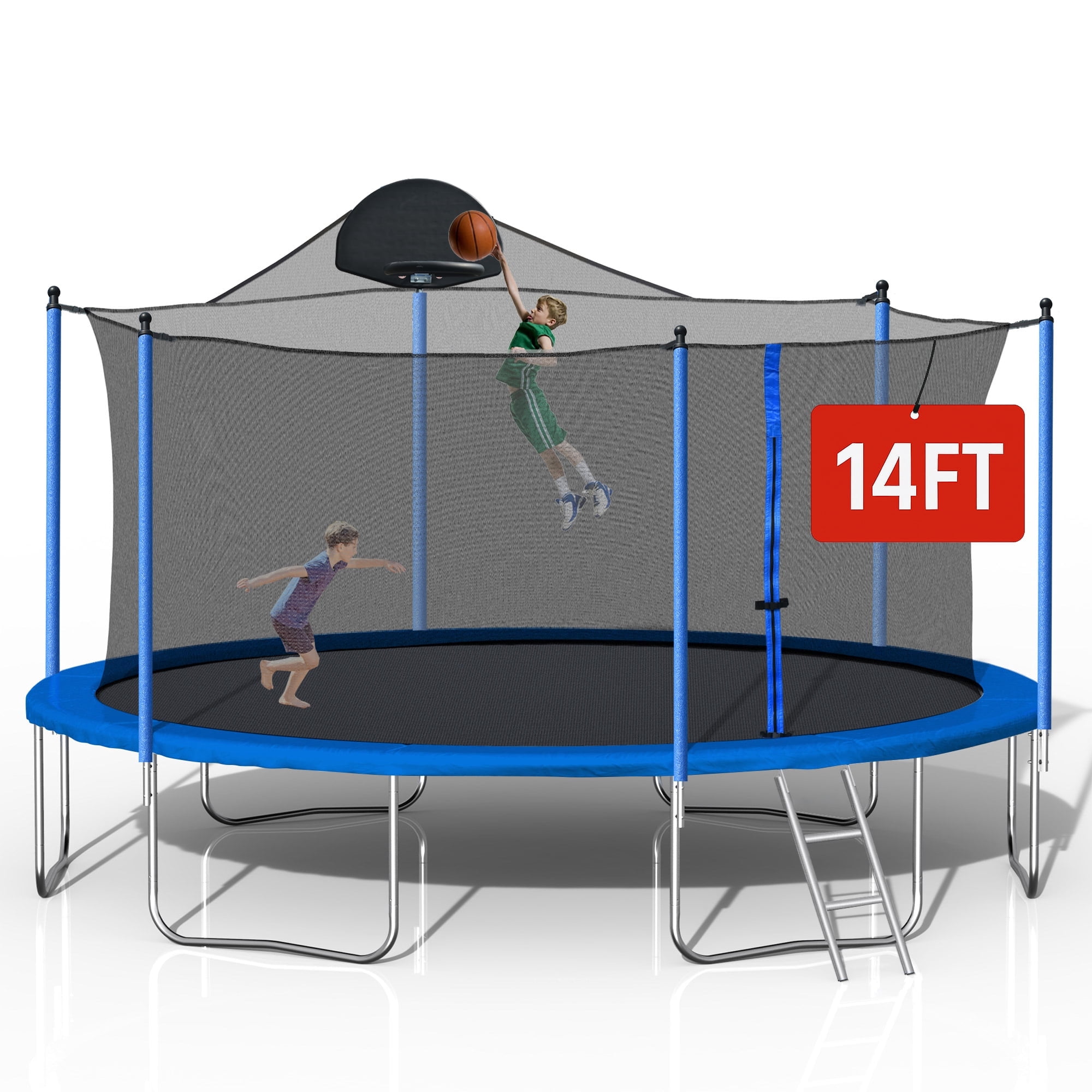 Biotree 14FT Trampoline for Adults & Kids with Basketball Hoop, Outdoor Trampolines with Ladder and Safety Enclosure Net for Kids and Adults,Double-side Color cover
