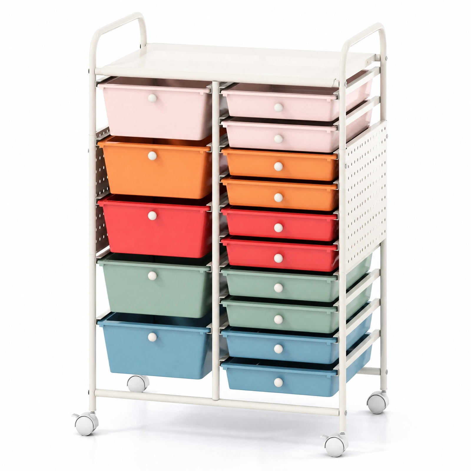 Furnibear 15 Drawer Rolling Storage Cart with Metal Tabletop Pegboard and Locking Wheels for Kitchen Office and Classroom Organizing, Macaron
