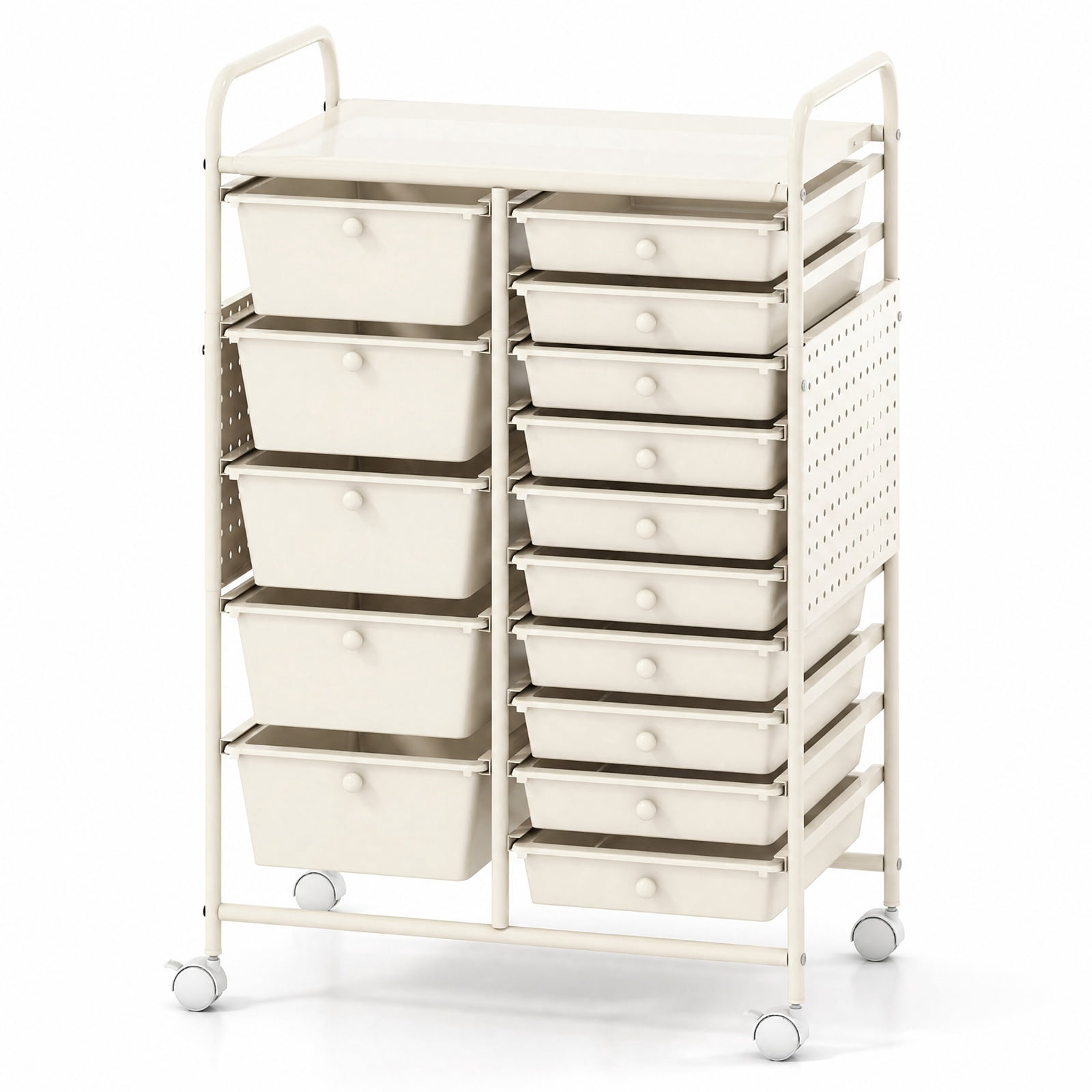 Furnibear 15 Drawer Rolling Storage Cart with Metal Tabletop Pegboard and Locking Wheels for Kitchen Office and Classroom Organizing, White