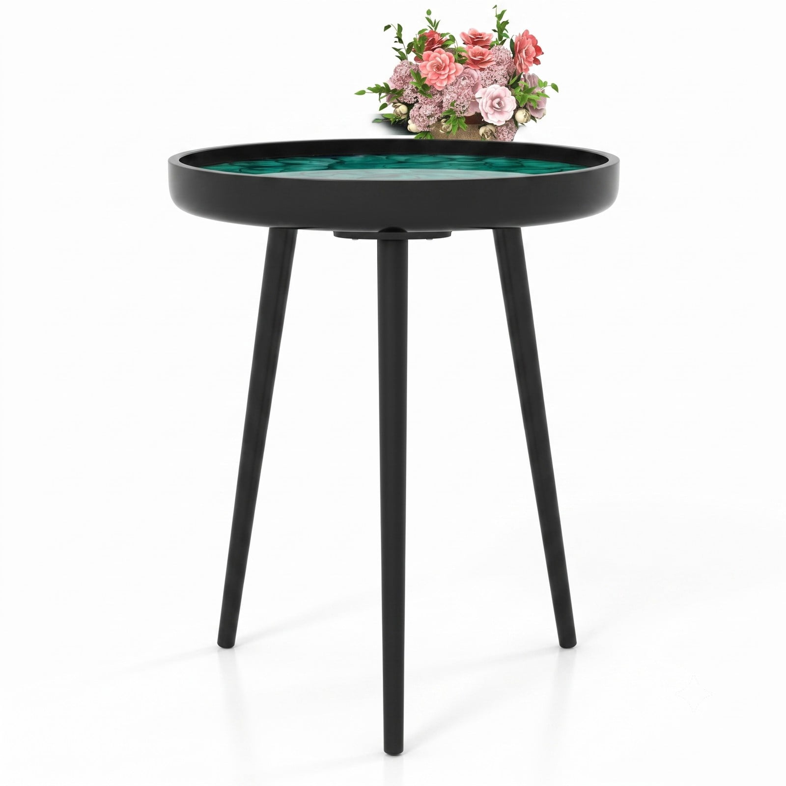 Furnibear 16 Inch Mid-Century Modern End Table, Handmade Sea Shell Accent Side Table with Epoxy Resin Waterproof Tray Top and Mahogany Wood Legs for Living Room, Green