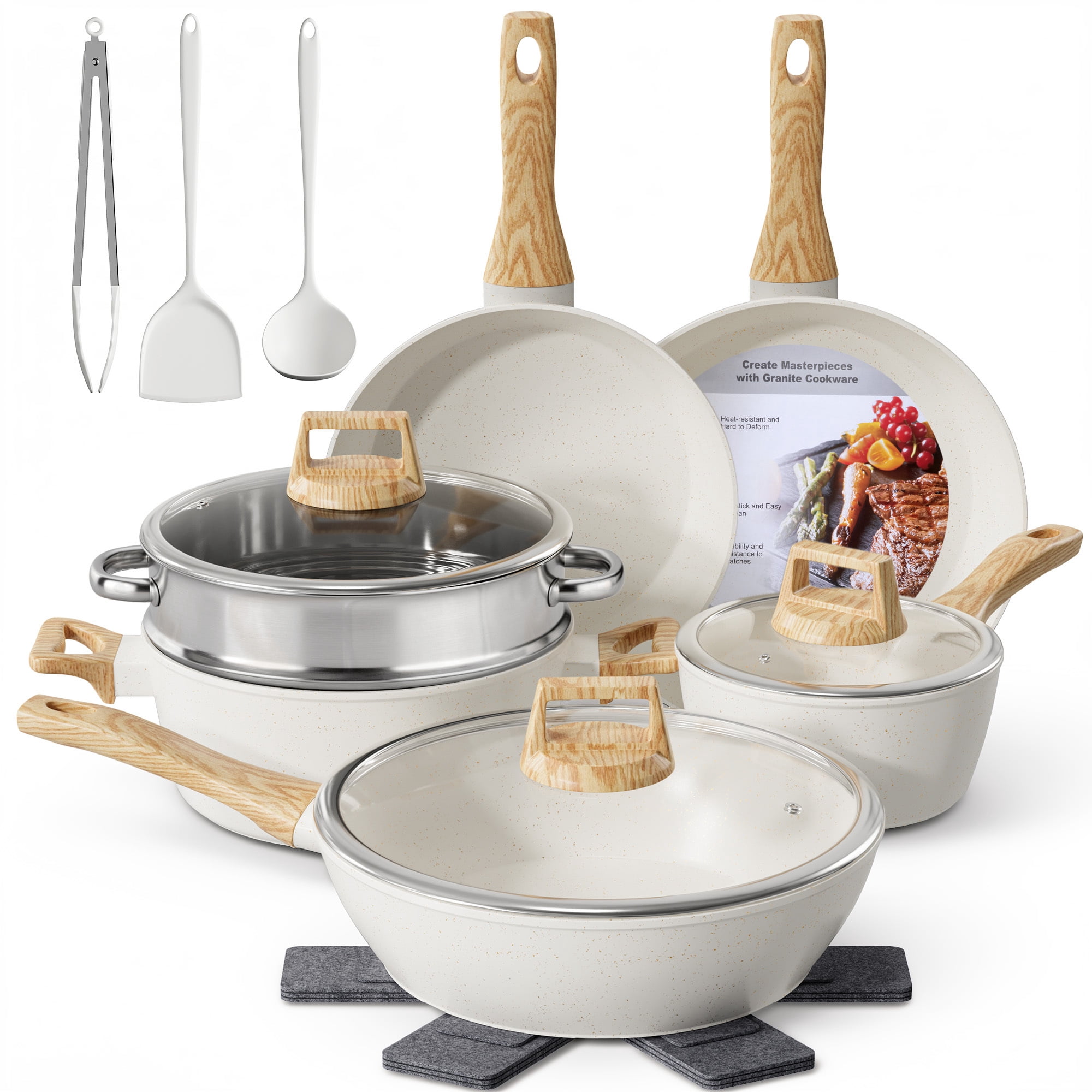 Furnibear 16pcs Nonstick Pots and Pans Set, Ceramic Cookware Set with Steamer and Cooking Utensils, for RV and Camping White