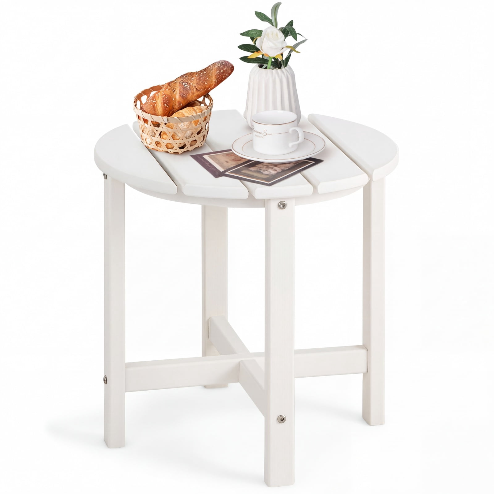 Furnibear 18 Inch Round Weather Resistant Adirondack Outdoor Side Table with Slatted Top for Patio Deck and Garden Seating, White