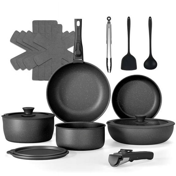 Furnibear 18-Piece Granite Ceramic Nonstick Cookware Set-Detachable Handle for Space-Saving, Compatible with Induction/Gas Stoves, Oven,Dishwasher Safe, Black