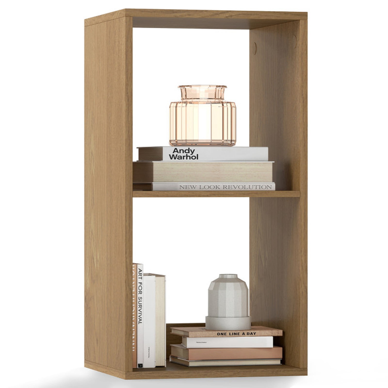 Furnibear 2 Cube Bookshelf with Back Guardrail for Living Room Bedroom Natural, 14" x 13" x 27.5" - Open Storage Display Rack for Home Office