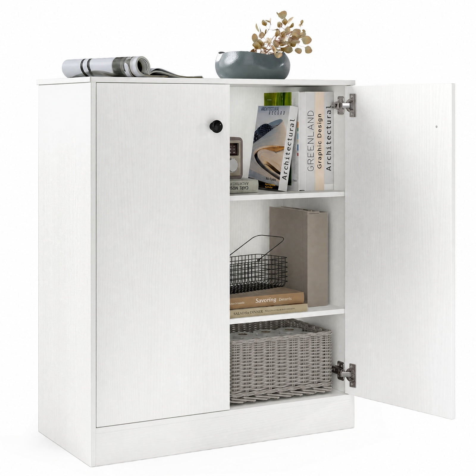 Furnibear 2 Door Accent Storage Cabinet with 3 Tier Shelf and Countertop Buffet Sideboard for Living Room Entryway and Kitchen, White