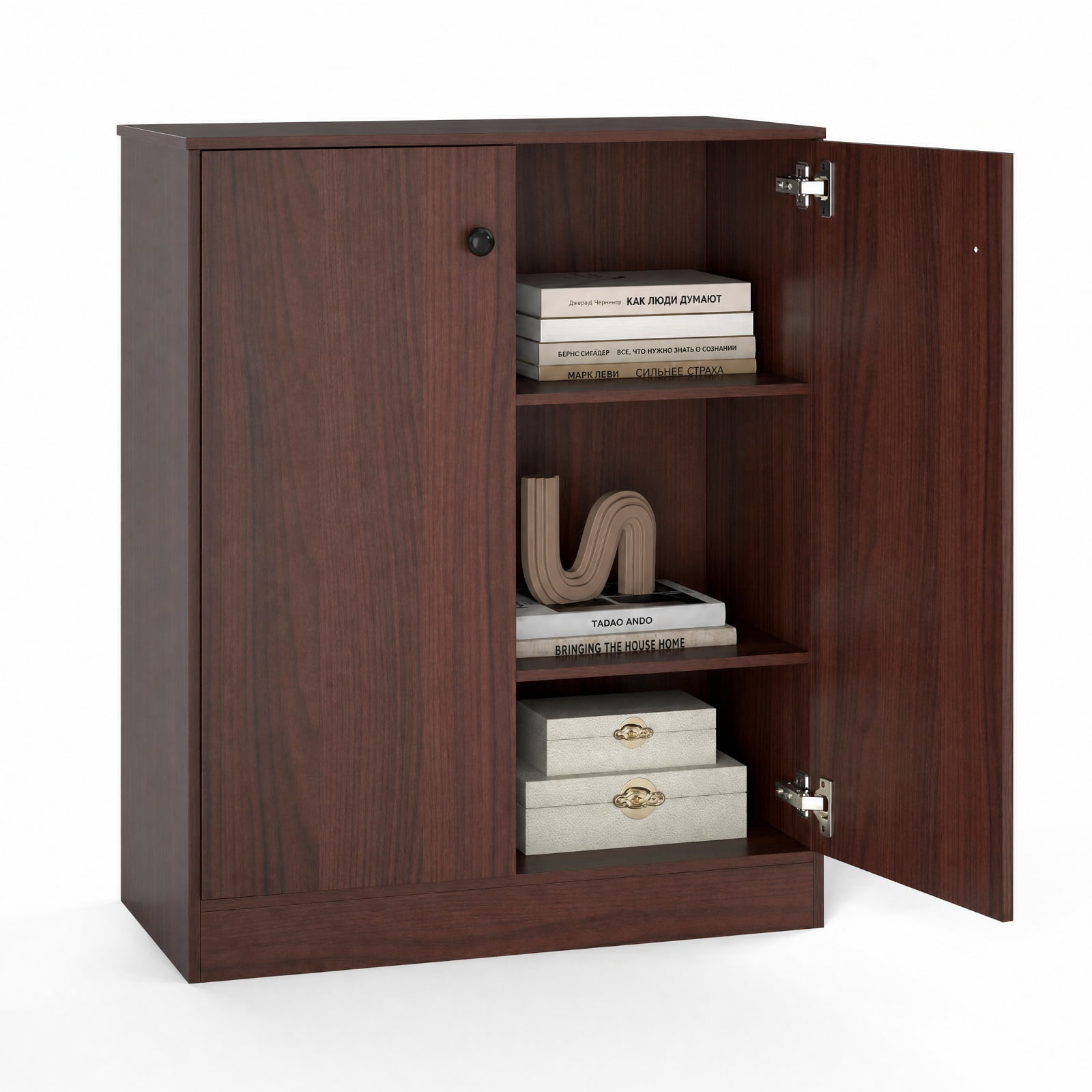 Furnibear 2 Door Modern Accent Cabinet with 3 Tier Shelf and Display Top Sideboard Buffet for Entryway Hallway and Living Room, Brown