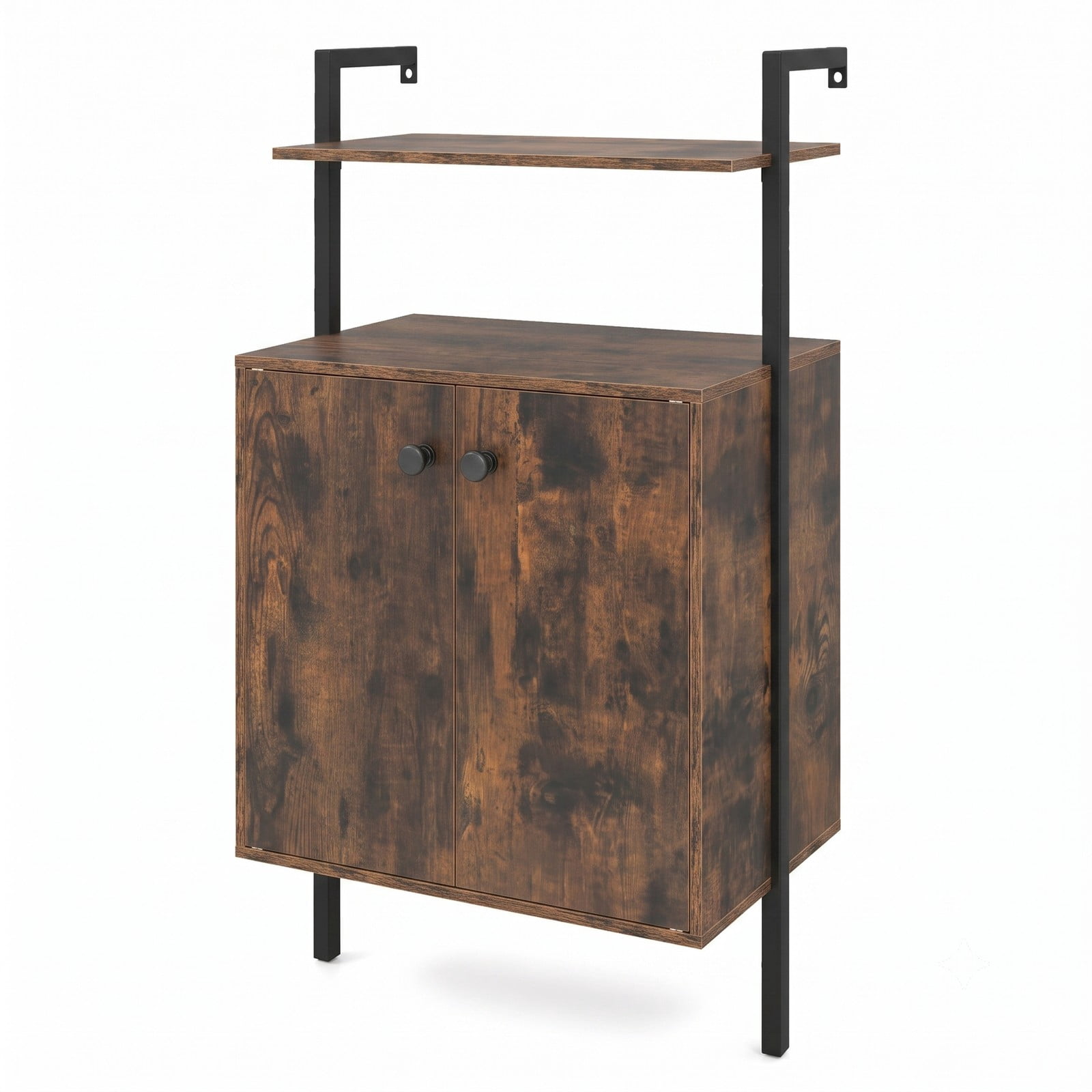 Furnibear 2-Door Wall Mount Bookshelf with Storage Cabinet, Industrial 2-Tier Open Bookcase with Concealed Cabinet, Metal Frame Wall-Mounted Storage, Rustic Brown