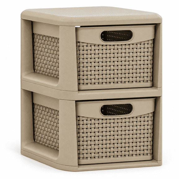Furnibear 2-Drawer Storage Organizer with Wicker Patterns for Bedroom Bathroom Closet Living Room Nursery Clothes Storage, Brown
