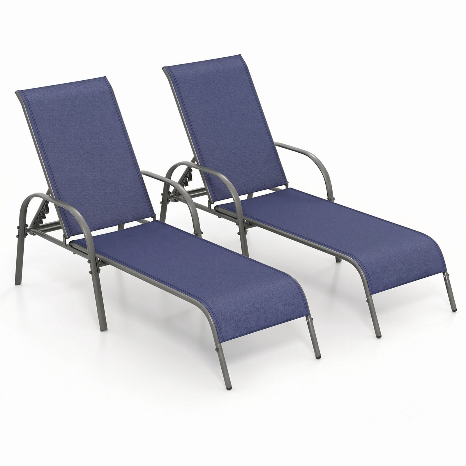 Furnibear 2 Pcs Outdoor Patio Chaise Lounge Chair Set, Adjustable Reclining Backrest Fabric Poolside Lounger with Armrest for Deck Backyard Balcony, 350 lbs, Navy