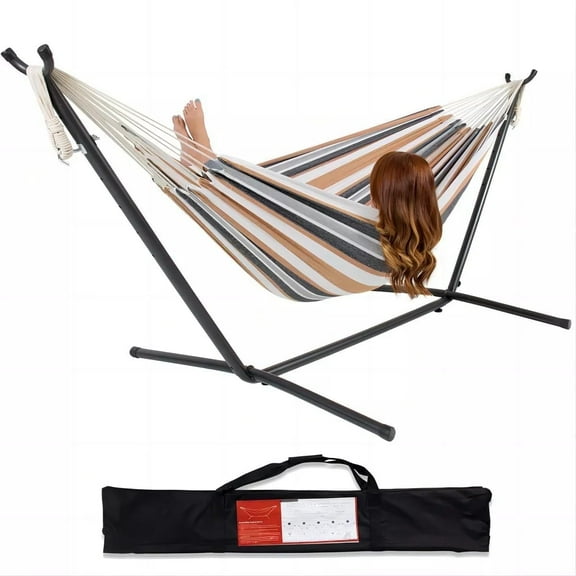 Furnibear 2-Person Hammock Mold Kit with Stand – 450 lb Heavy-Duty Brazilian Cotton, Stripe Pattern, 3-Min Tool-Free Setup, Carry Bag for Patio/Camping, Yellow