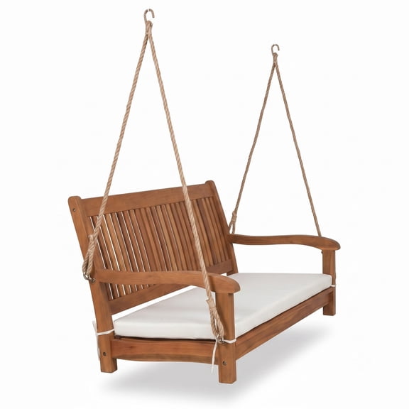 Furnibear 2-Person Hanging Porch Swing Wood Bench with Cushion, Eucalyptus Wood Patio Swing Chair with Curved Back and Hemp Ropes, 800 lbs Capacity Outdoor, Natural