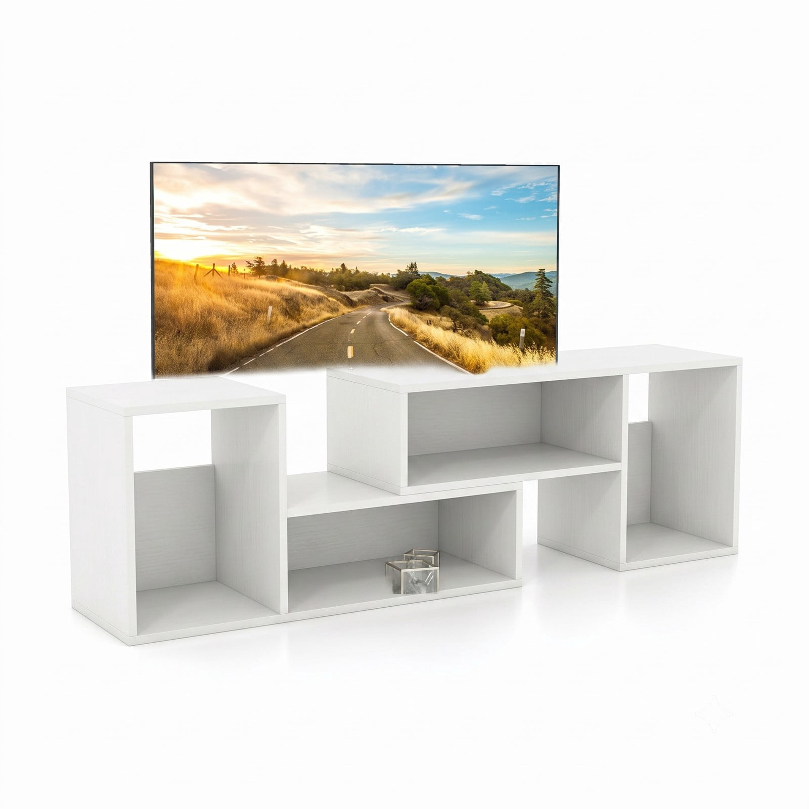 Furnibear 2 Piece Adjustable TV Stand for TVs up to 55 Inch, Expandable Entertainment Center with Open Storage Cubes, Modern Wood Media Console for Living Room, White