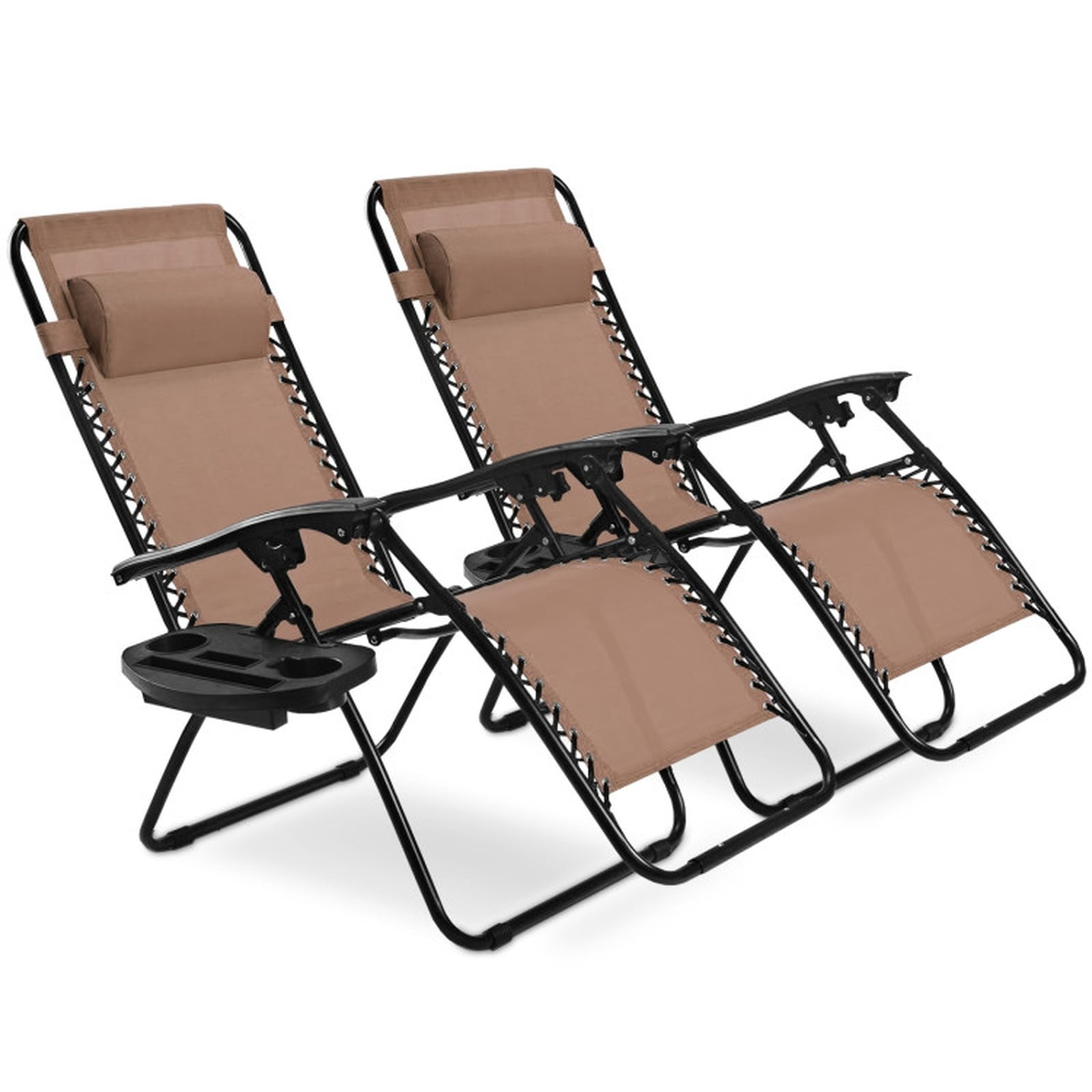 Furnibear 2 Piece Folding Zero Gravity Lounge Chair Set with 0 to 160 Degree Recline Removable Tray Padded Pillow Powder Coated Steel Frame and Bungee Support for Patio, Gray