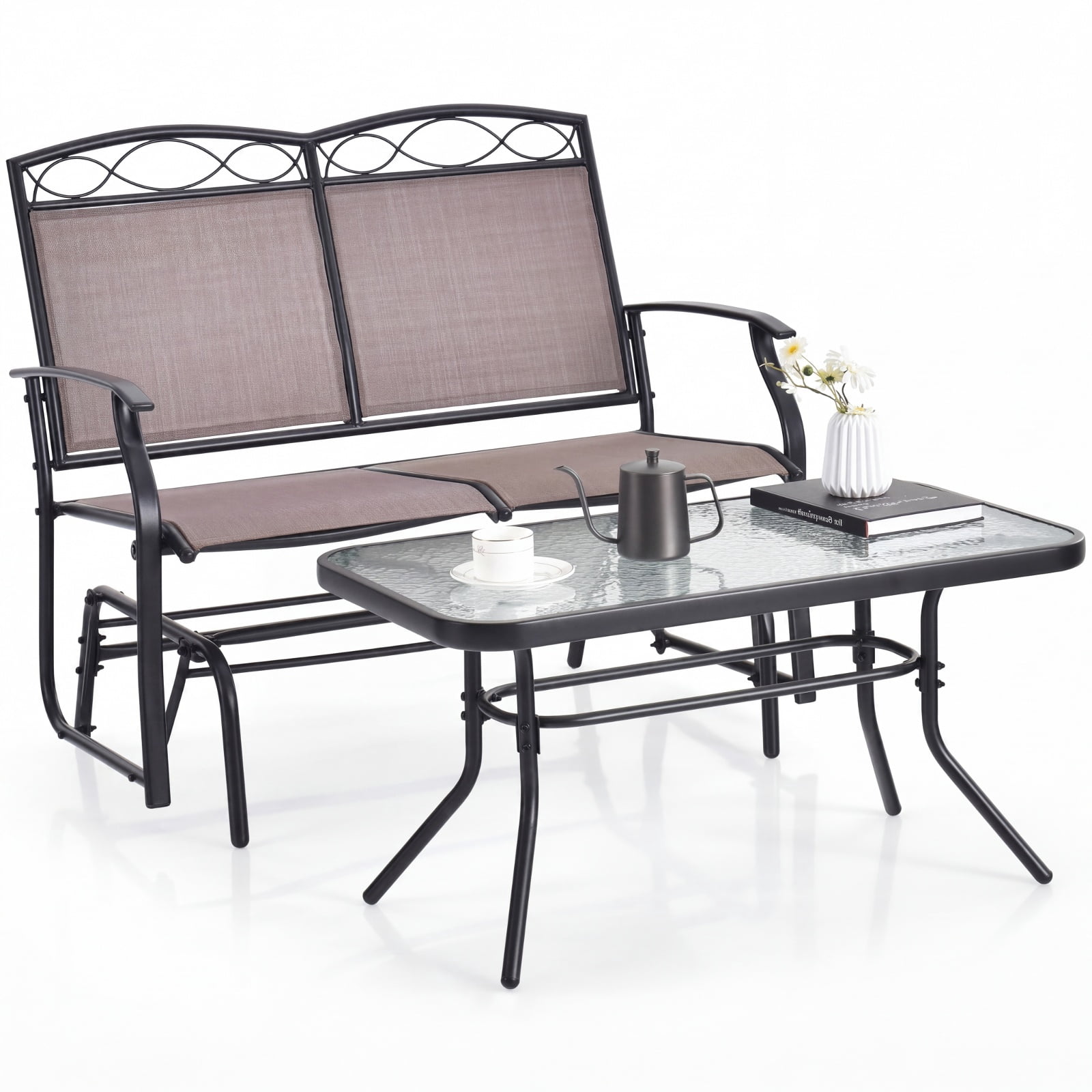 Furnibear 2 Piece Outdoor Gliding Loveseat Chair with Tempered Glass Coffee Table for Patio Backyard Porch and Poolside, Brown