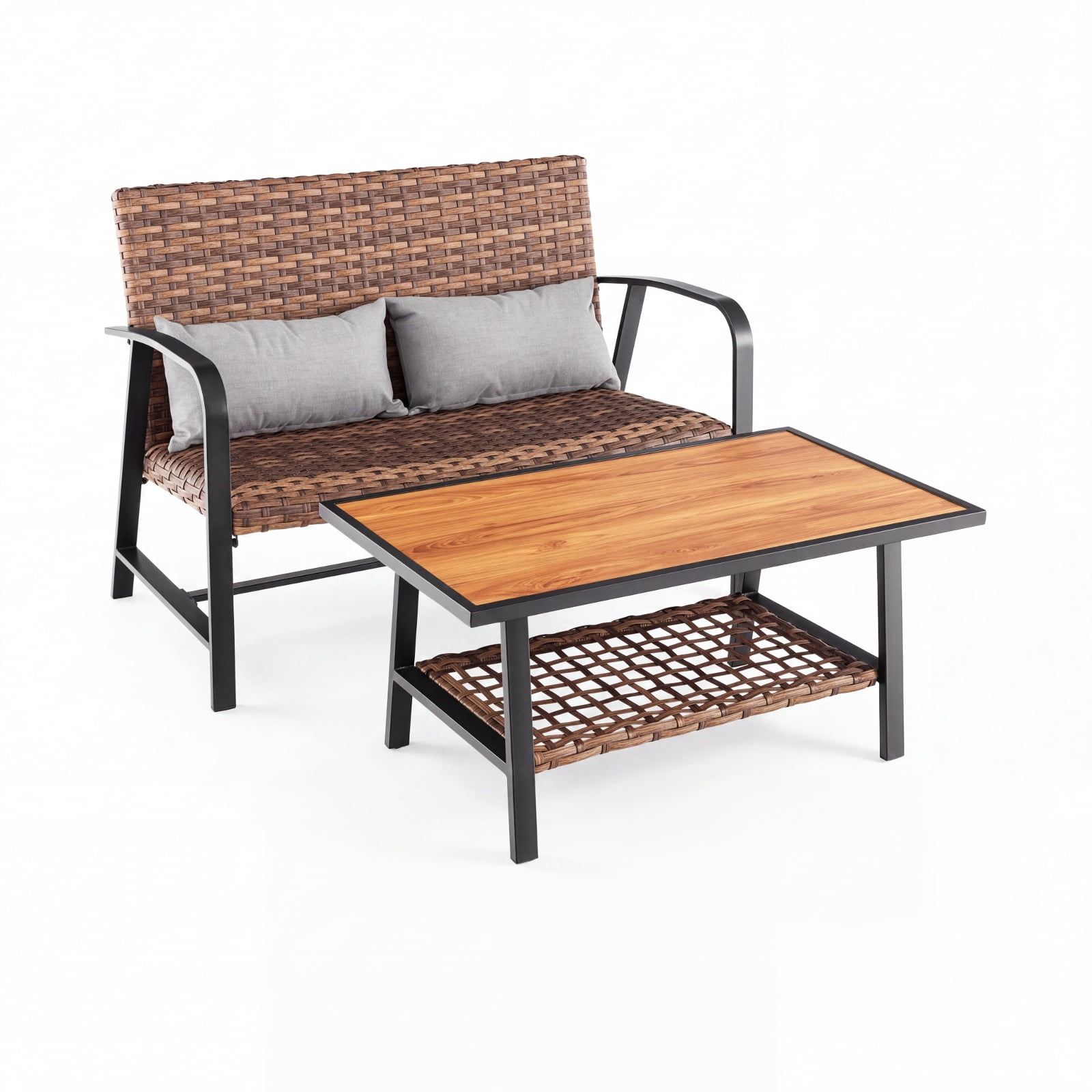 Furnibear 2 Piece Patio Rattan Coffee Table Set with Storage Shelf Quick Dry Cushioned Loveseat and Lumbar Pillows for Garden Backyard, Mix Brown