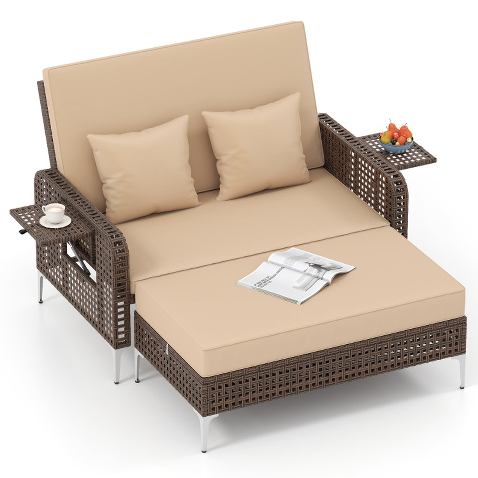 Furnibear 2 Piece Patio Rattan Daybed Outdoor Wicker Loveseat and Ottoman Set with Adjustable Backrest and Cushions for Garden Poolside Backyard, Brown