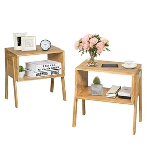 Furnibear 2-Piece Stackable Bamboo Nightstand Set, Natural Wood End Tables with Open Storage Shelf, Versatile Sofa Side Table or Bedside Stand for Living Room Bedroom, Space Saving Design