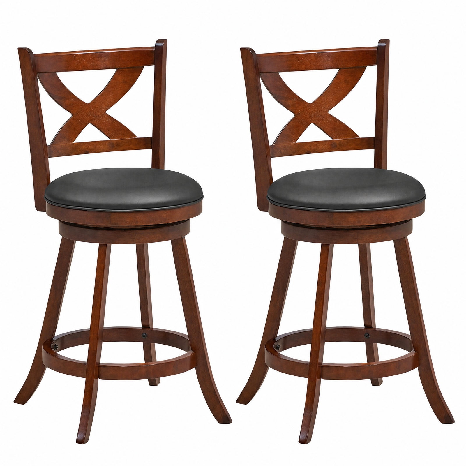 Furnibear 2 Pieces Classic Counter Height Swivel Bar Stool Set with X-shaped Open Back-24 Inch for Kitchen Island Counter Bar Pub Dining, Espresso