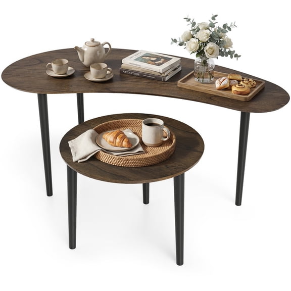 Furnibear 2 Pieces Mid Century Nesting Tables with Rubber Wood Legs - Brown - Living Room Center Table