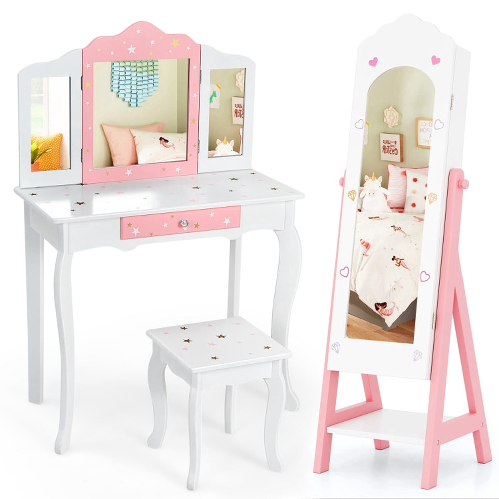 Furnibear 2-Piece Kids Vanity Table and Stool Set with Tri-Fold Mirror and Jewelry Armoire Cabinet with Full-Length Mirror for Girls, White