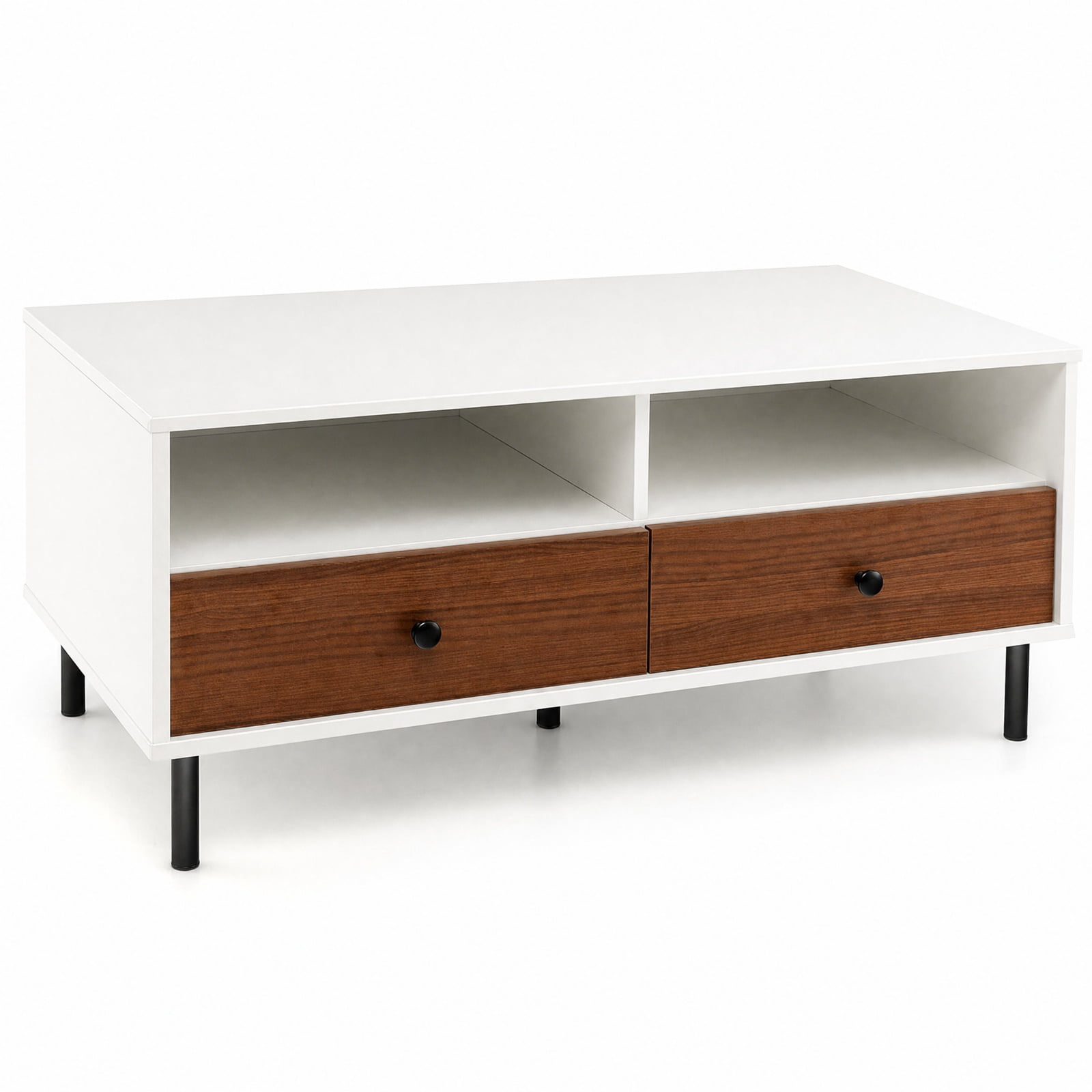 Furnibear 2 Tier 40 Inch Modern Rectangle Coffee Table with Storage Shelf and Two Drawers for Living Room Bedroom and Study, White
