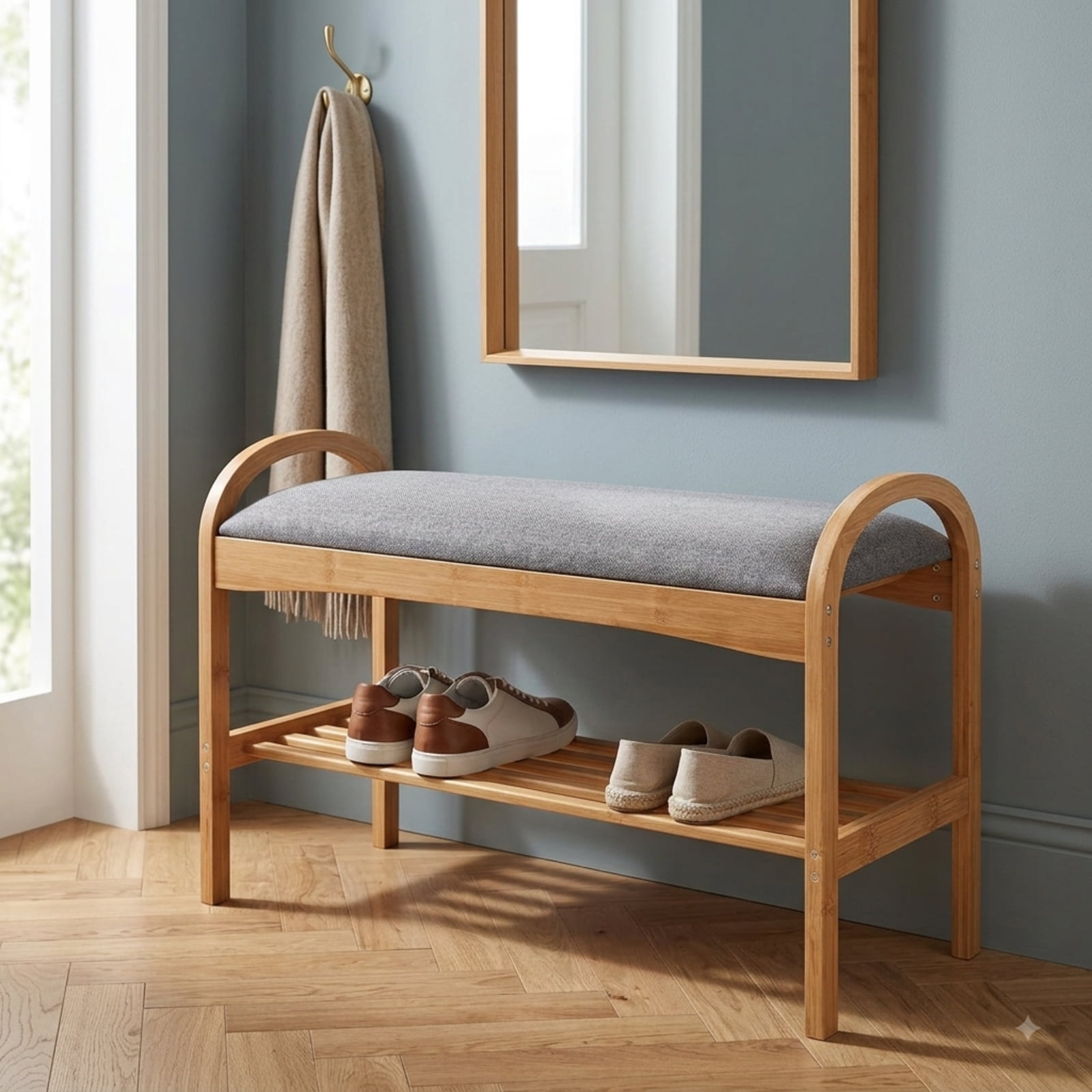 Furnibear 2 Tier Bamboo Shoe Bench with Padded Cushion and Slatted Shelf for Entryway Hallway and Bedroom Shoe Storage, Gray