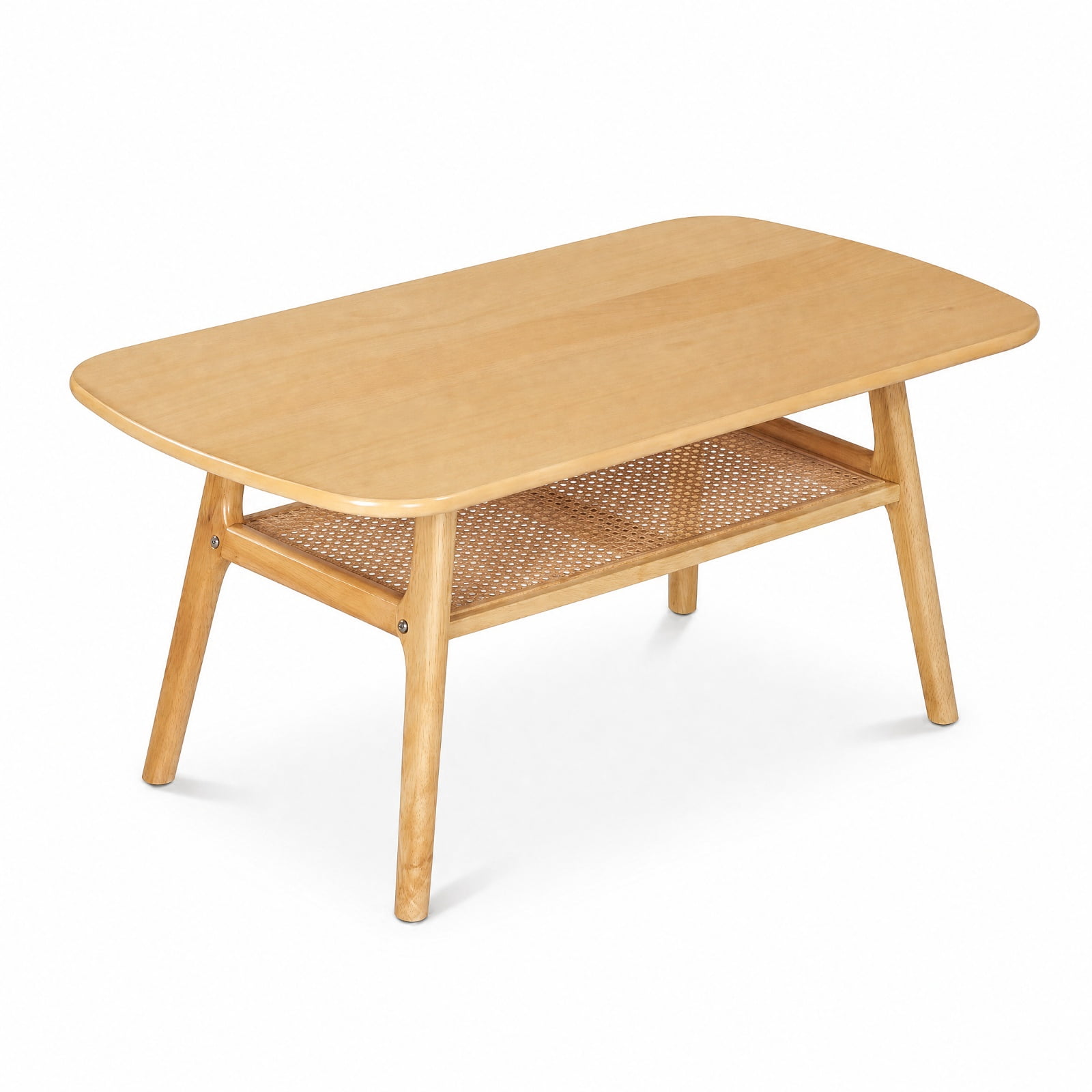 Furnibear 2 Tier Boho Rattan Coffee Table with Rounded Corners Rubber Wood Frame and Woven Open Shelf for Living Room, Natural