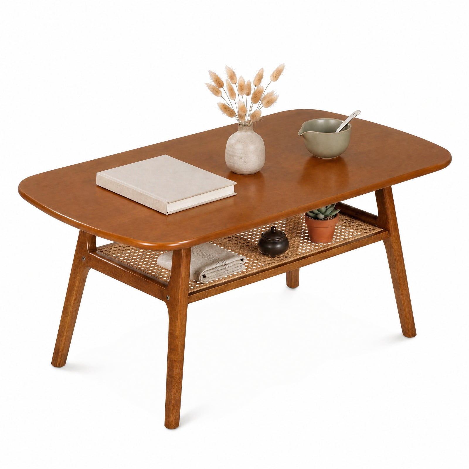 Furnibear 2 Tier Boho Rattan Coffee Table with Rounded Corners Rubber Wood Frame and Woven Open Shelf for Living Room, Walnut