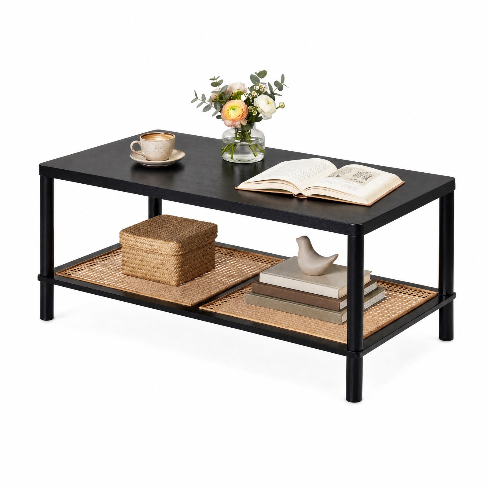 Furnibear 2 Tier Boho Rectangular Coffee Table with Rubber Wood Frame and Faux Rattan Open Storage Shelf for Living Room Home Office, Black