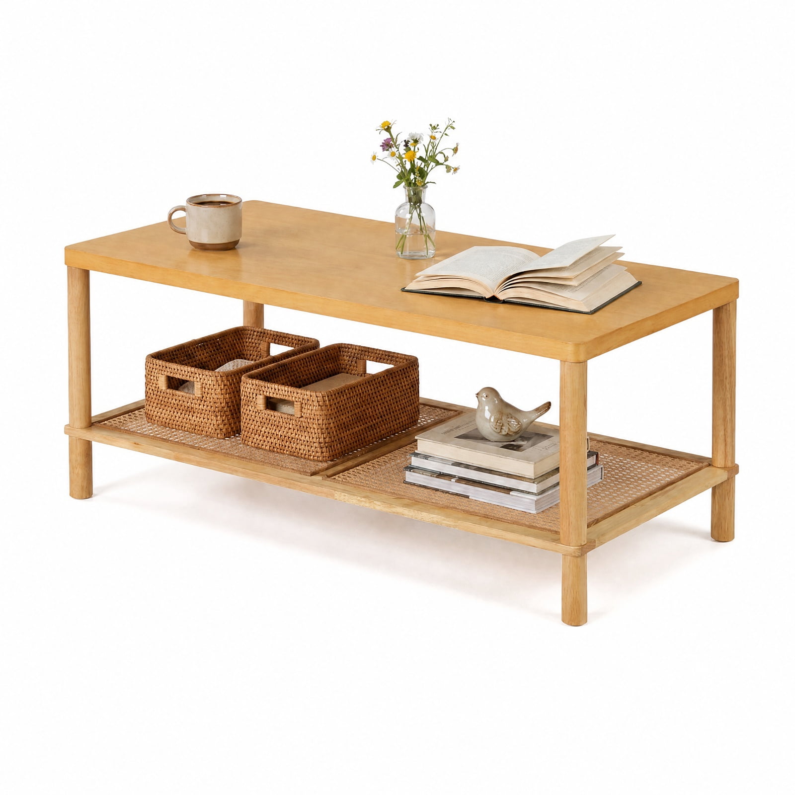 Furnibear 2 Tier Boho Rectangular Coffee Table with Rubber Wood Frame and Faux Rattan Open Storage Shelf for Living Room Home Office, Natural