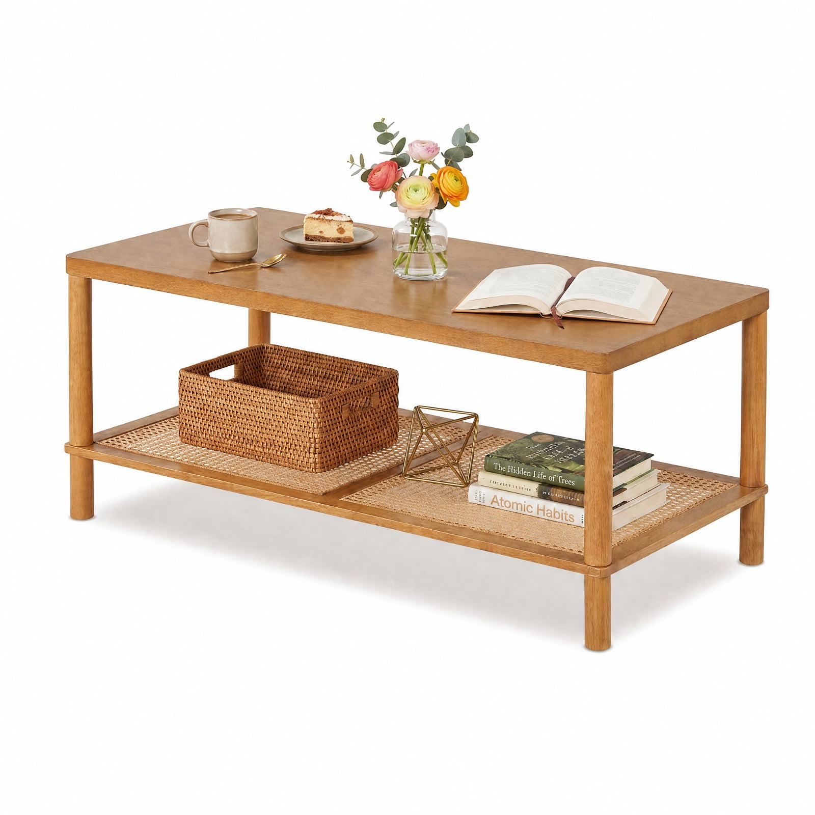 Furnibear 2 Tier Boho Rectangular Coffee Table with Rubber Wood Frame and Faux Rattan Open Storage Shelf for Living Room Home Office, Rustic Brown