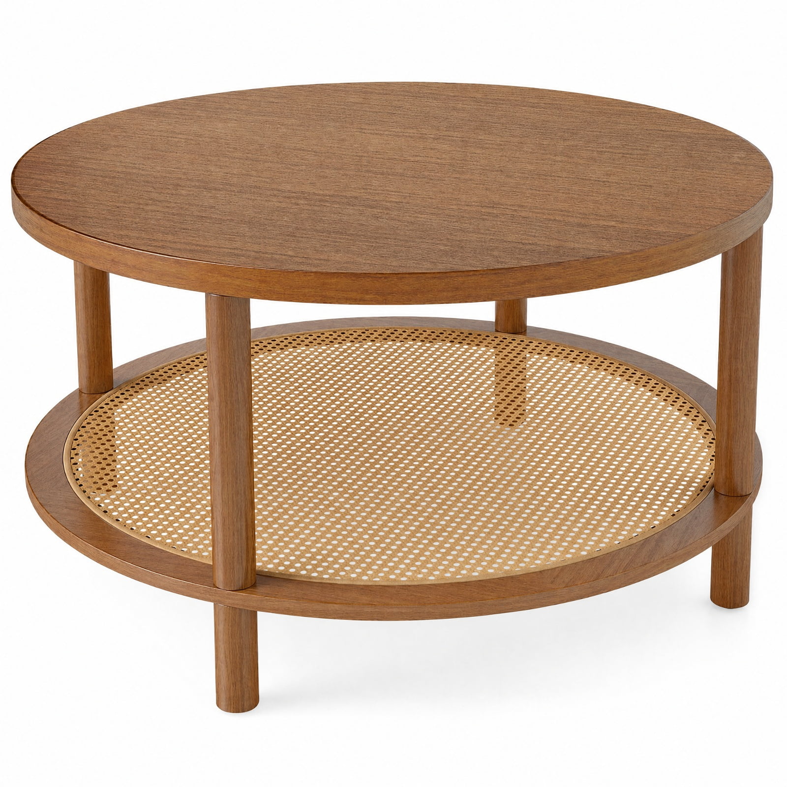 Furnibear 2 Tier Boho Round Rattan Coffee Table with Storage Shelf Rubber Wood Legs and Thickened Top for Living Room, Walnut