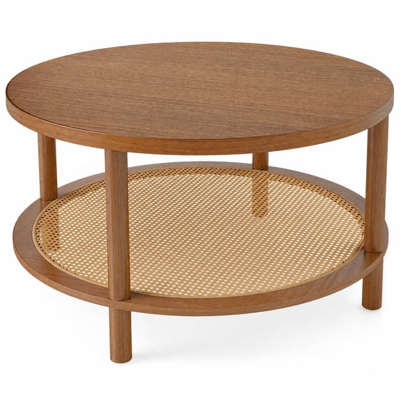 Furnibear 2 Tier Boho Round Rattan Coffee Table with Storage Shelf Rubber Wood Legs and Thickened Top for Living Room, Walnut
