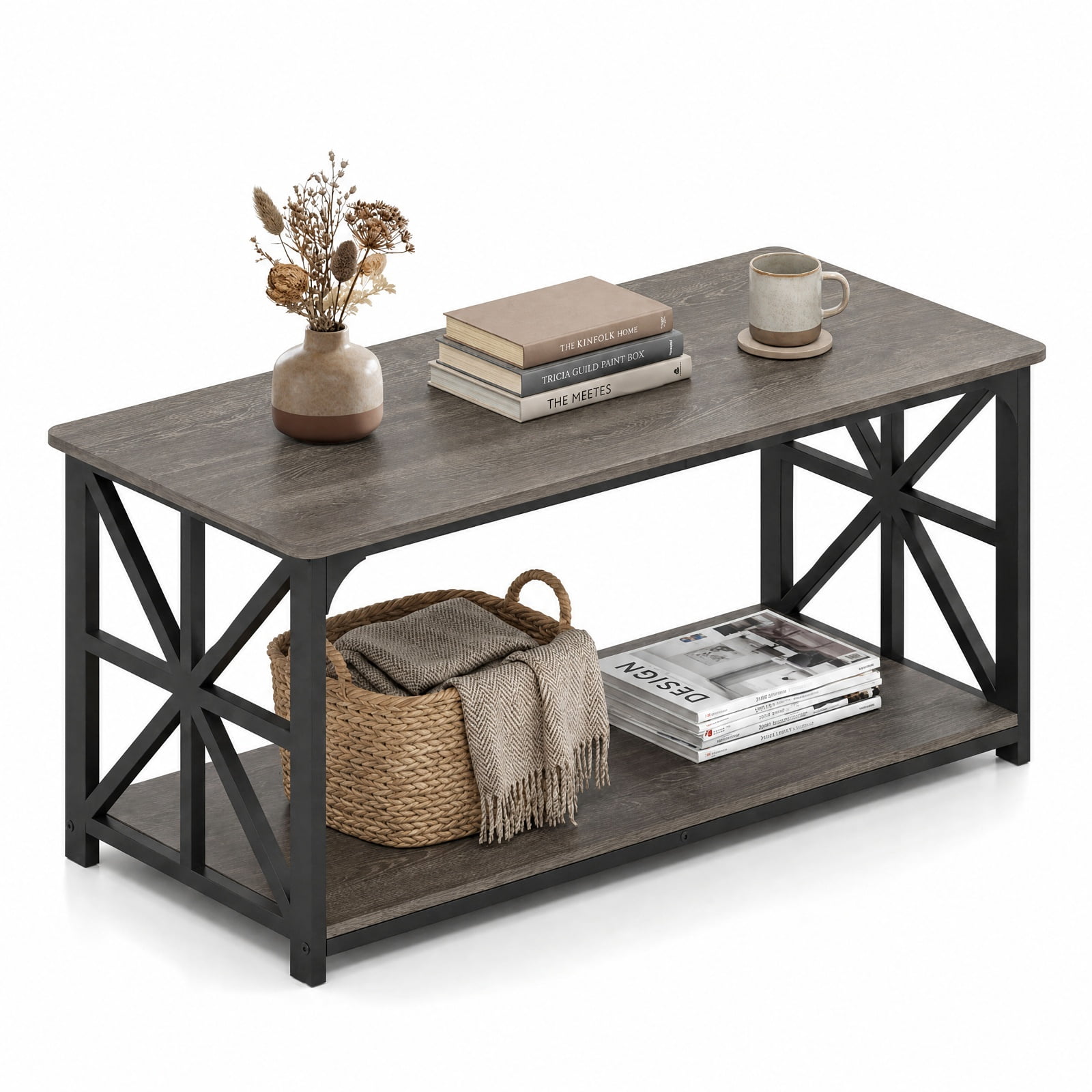 Furnibear 2-Tier Center Coffee Table with Bottom Storage Shelf and Carbon Steel X-Frame for Living Room and Home Office, Rustic, Oak