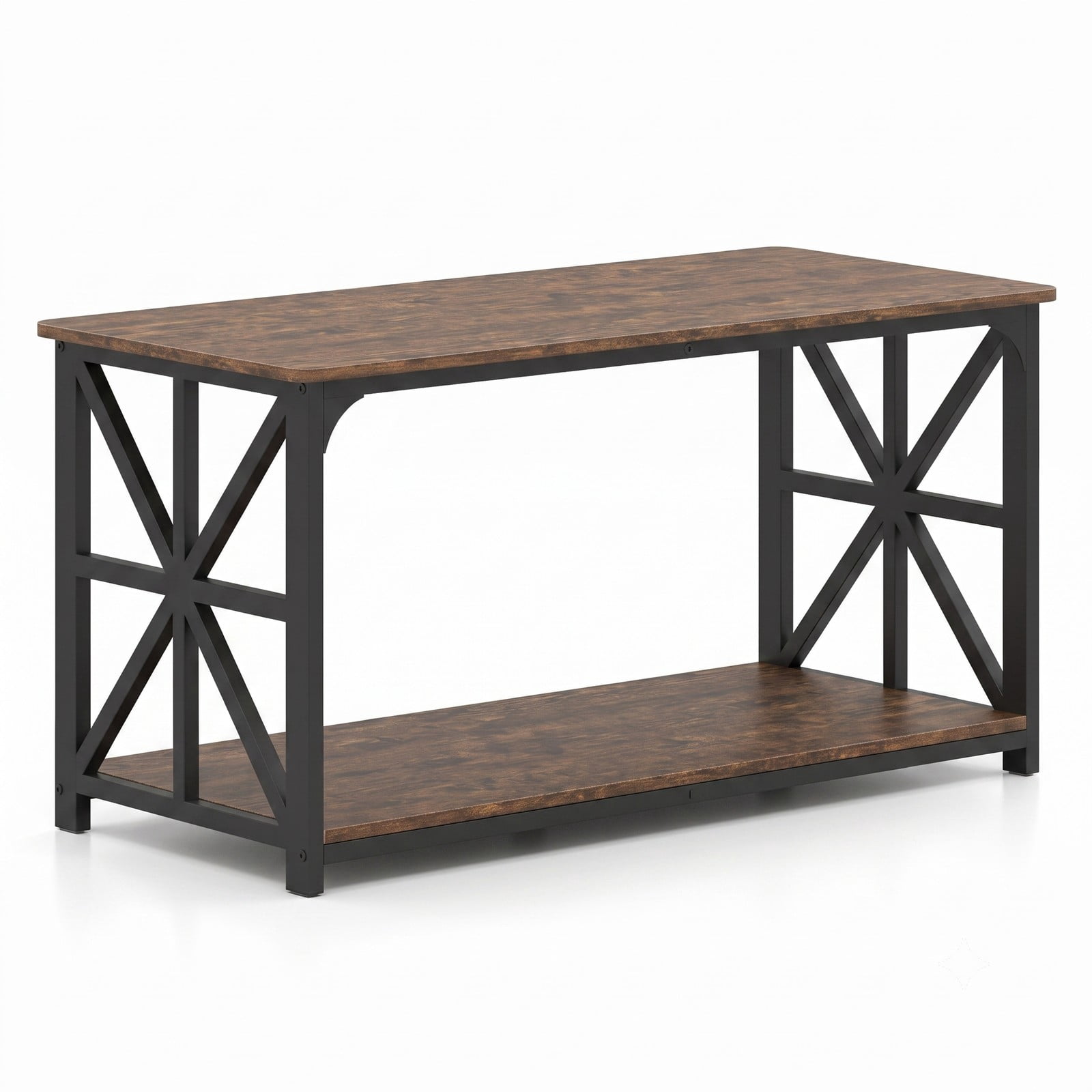 Furnibear 2-Tier Coffee Table with Storage Shelf, Rustic Farmhouse Center Cocktail Table, Wood Look Top with Carbon Steel Frame and X-Shaped, Rustic Brown & Black
