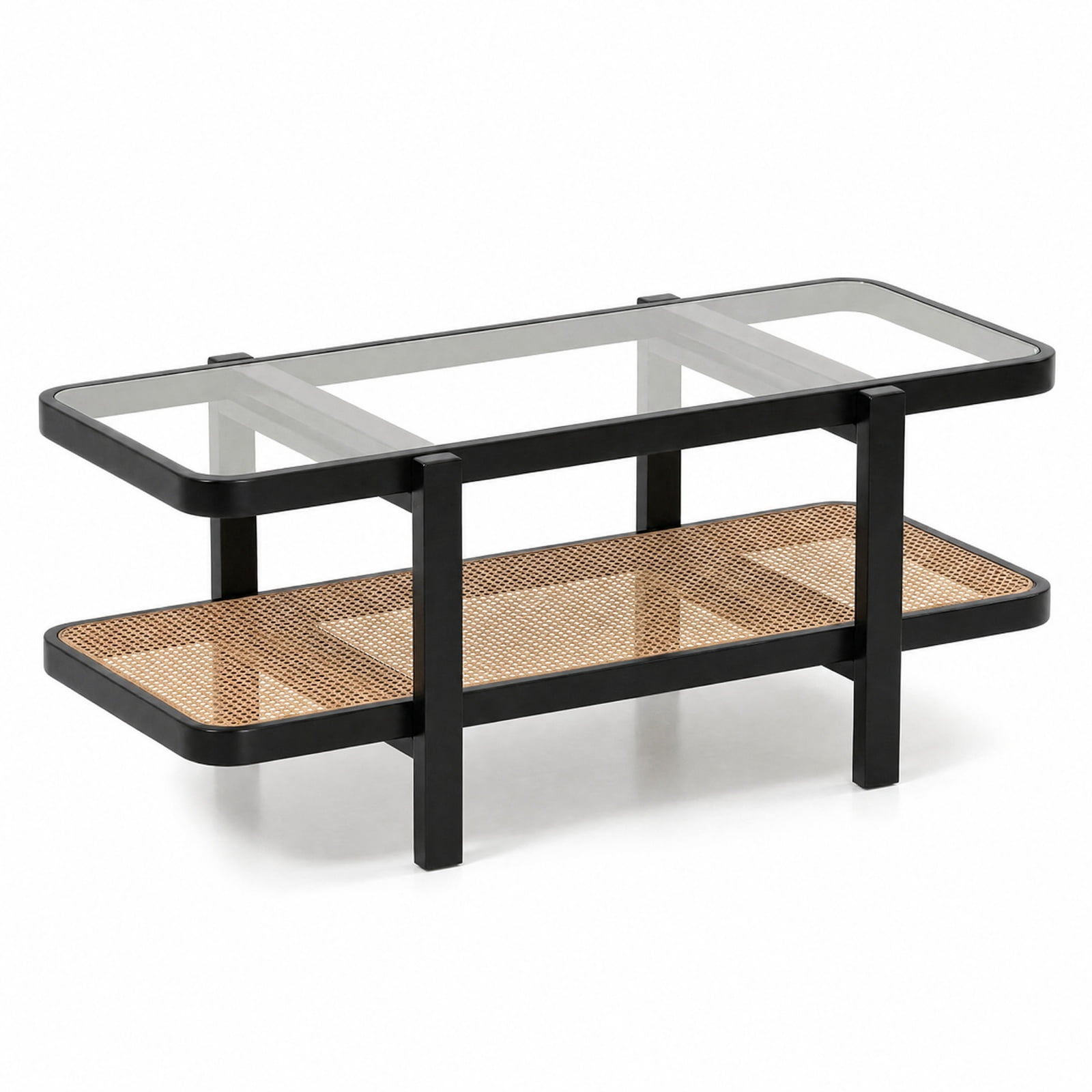 Furnibear 2 Tier Coffee Table with Acacia Wood Frame Tempered Glass Tabletop and Rattan Storage Shelf for Living Room, Brown