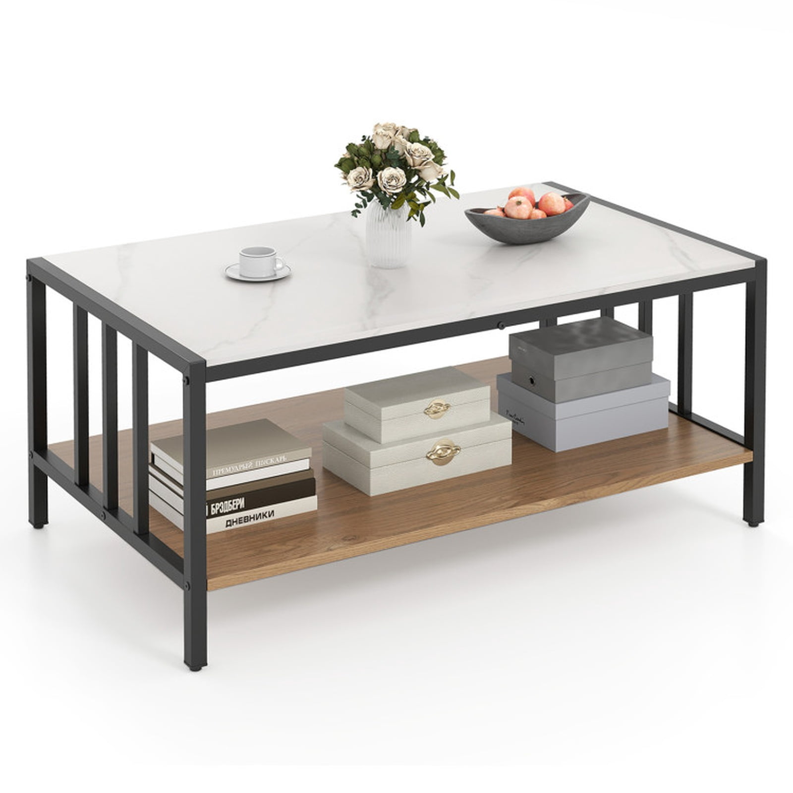 Furnibear 2 Tier Coffee Table with Sintered Stone Tabletop - White - Living Room Cocktail Center Table