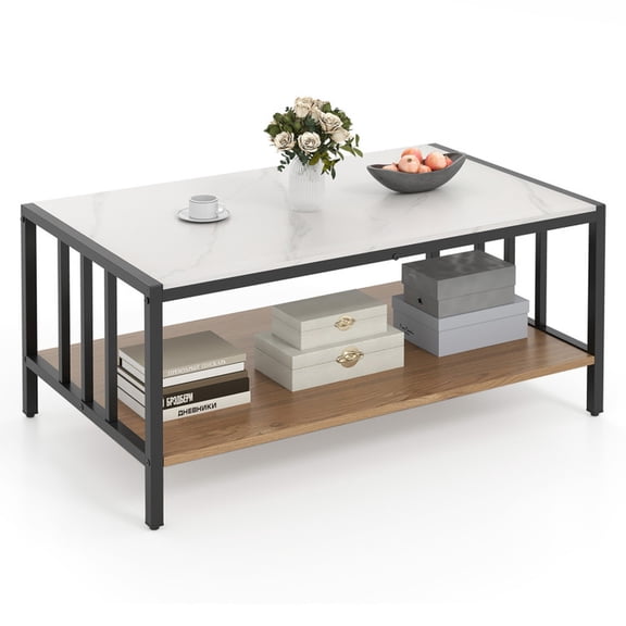 Furnibear 2 Tier Coffee Table with Sintered Stone Tabletop - White - Living Room Cocktail Center Table