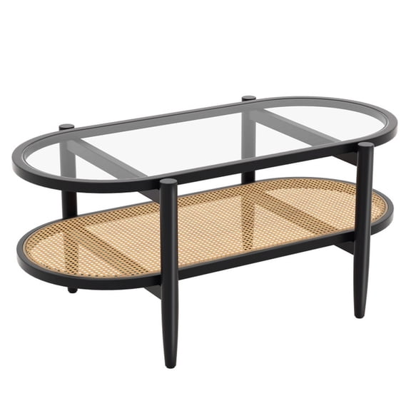 Furnibear 2-Tier Coffee Table with Tempered Glass Tabletop and Acacia Wood Frame - Black - Living Room Cocktail Center Table