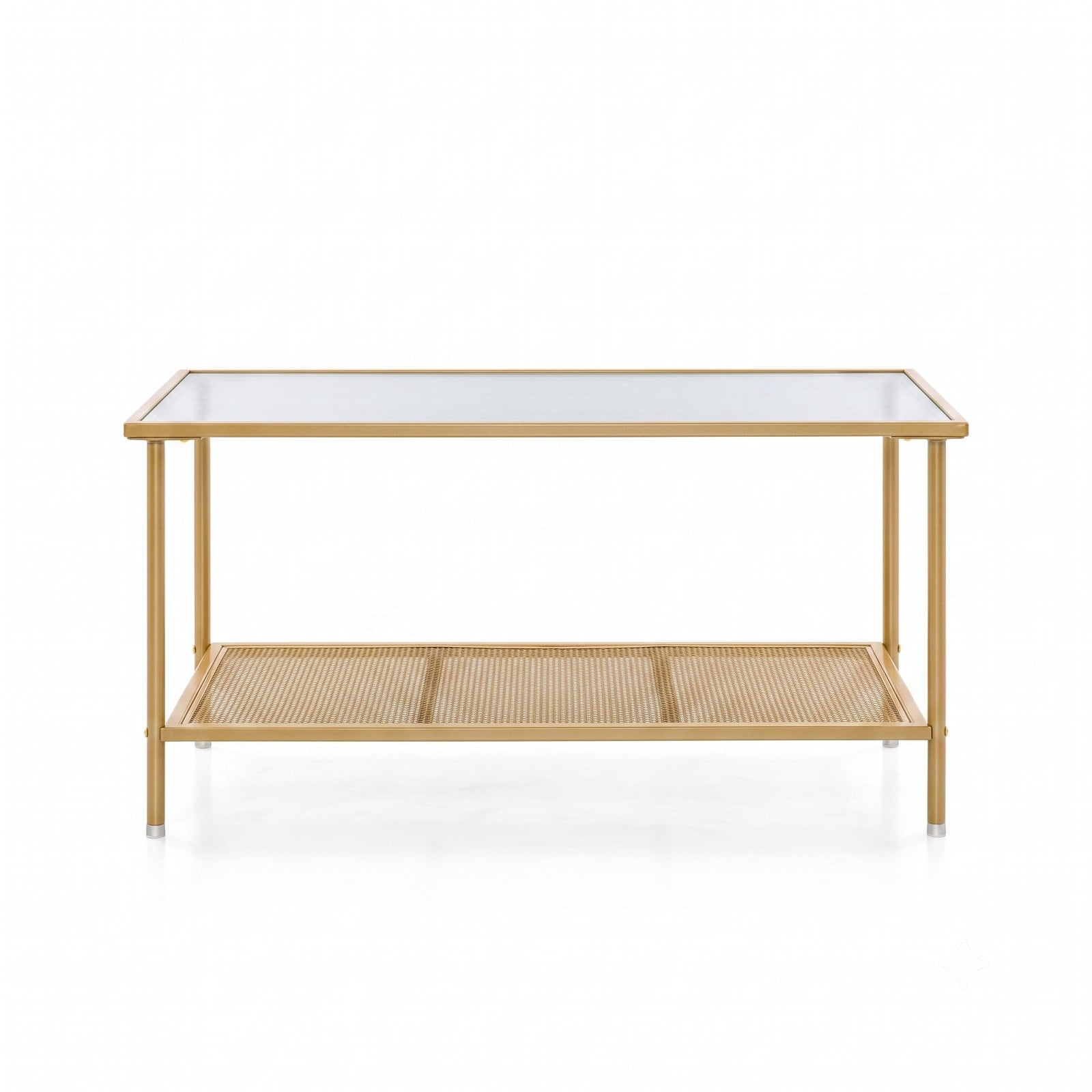 Furnibear 2-Tier Coffee Table with Tempered Glass Top and Storage Shelf, Modern Metal Frame Center Tea Table for Living Room Home Office, Golden