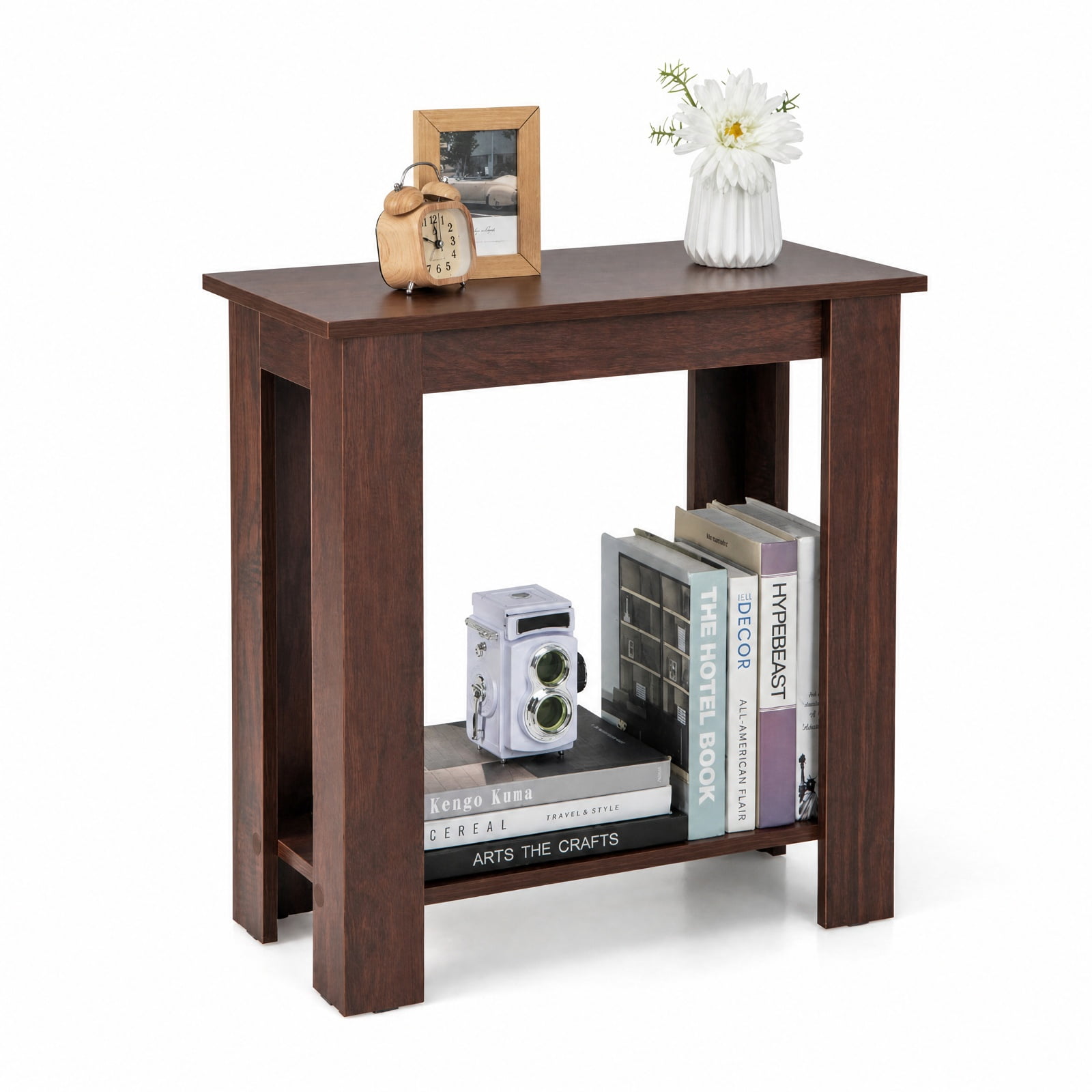 Furnibear 2 Tier Compact End Table with Storage Shelf and Non Slip Legs for Small Living Room Bedroom and Sofa Side, Brown