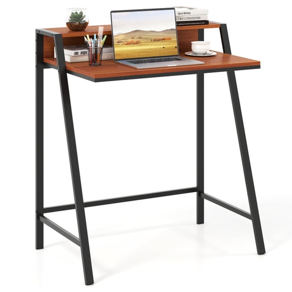 Furnibear 2 Tier Computer Desk PC Laptop Table Study Writing Workstation with Monitor Stand and Iron Frame in Walnut