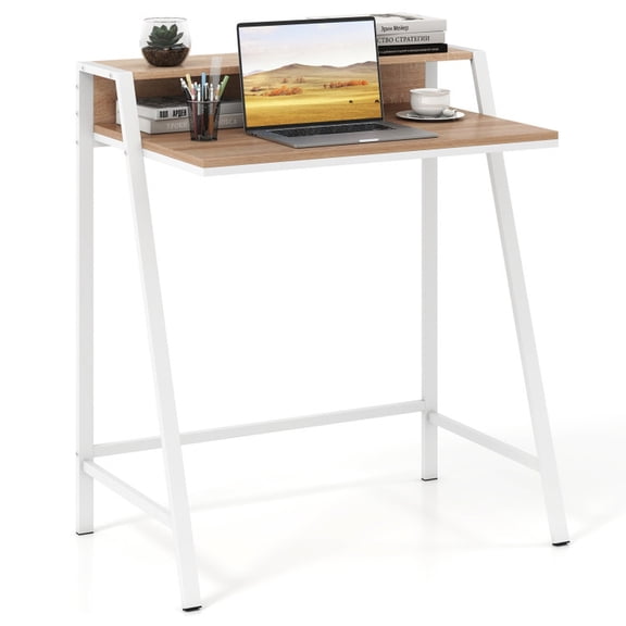 Furnibear 2-Tier Computer Desk with Monitor Stand, Powder-Coated Iron Frame and Waterproof Tabletop for Home Office Natural