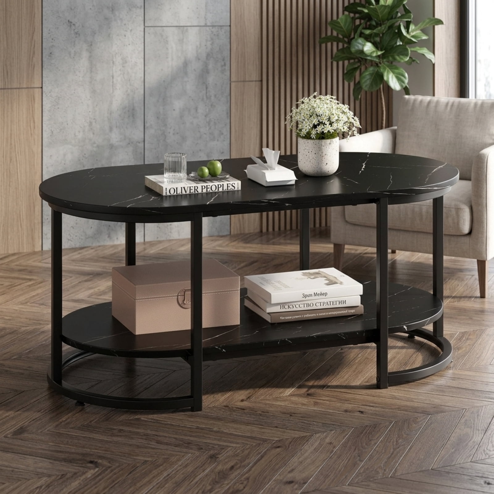 Furnibear 2-Tier Faux Marble Coffee Table with Open Storage Shelf and Powder-Coated Metal Frame for Living Room and Reception Room, Black